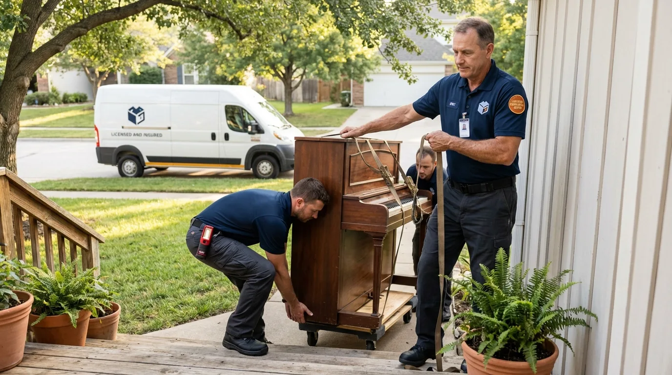 Licensed piano movers securing grand piano in Okemos, MI