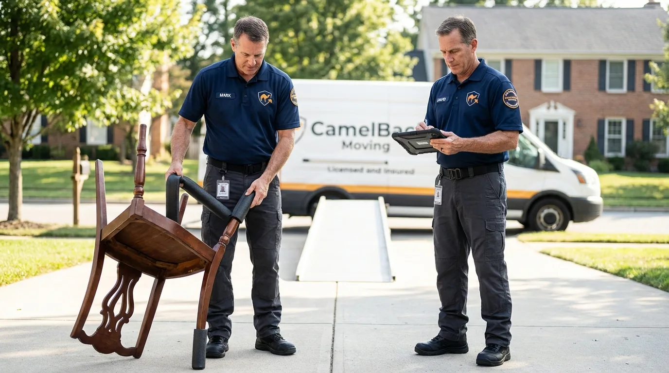 Movers inspecting furniture for damage prevention before loading in Okemos, MI