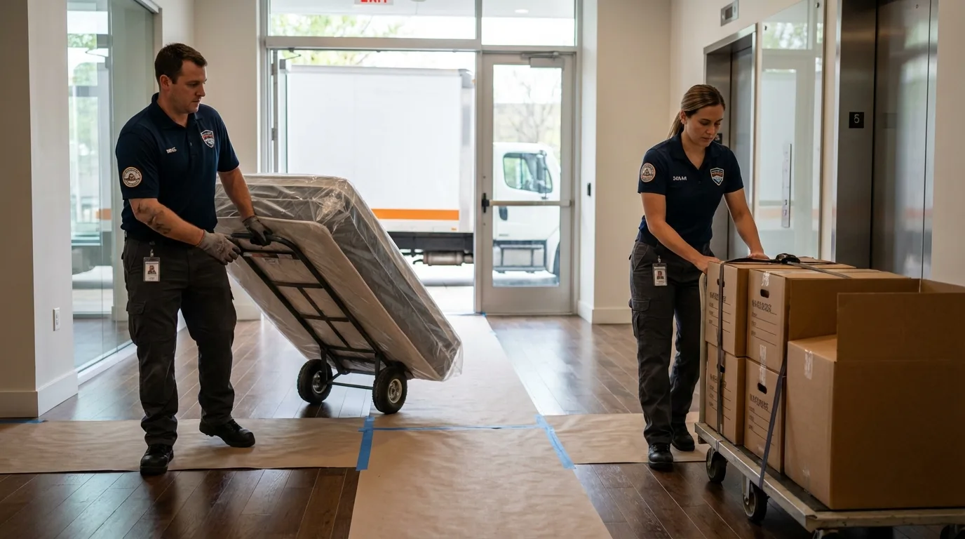 Professional apartment movers loading elevator in Okemos, MI