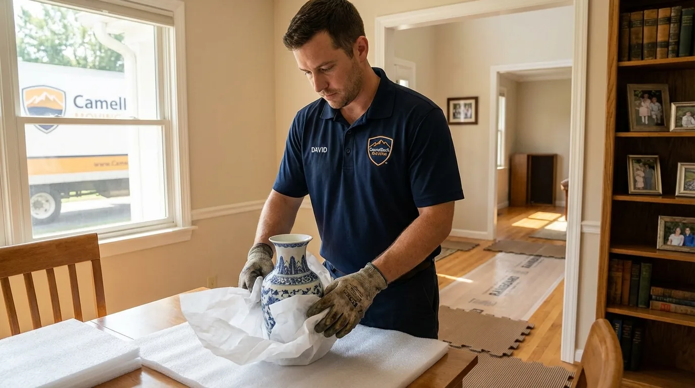 Professional crew carefully wrapping antique vase for senior downsizing move in Okemos, MI