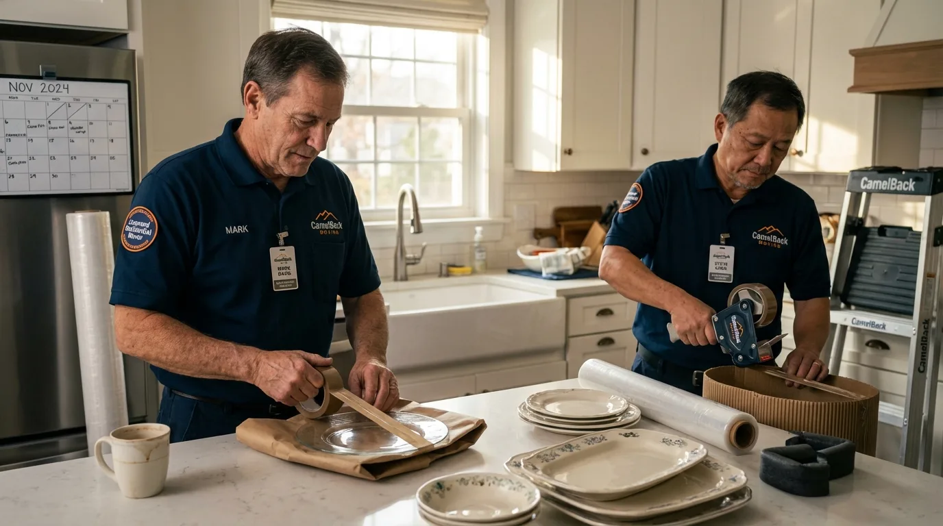 Professional crew packing kitchen dishware in Okemos, MI